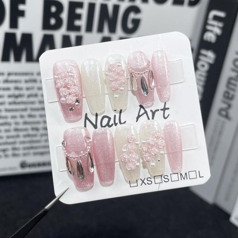 Handmade Cat Eye Nail Tips With 3D Rose Floral Design Medium To Long Length Press-On Nails Women