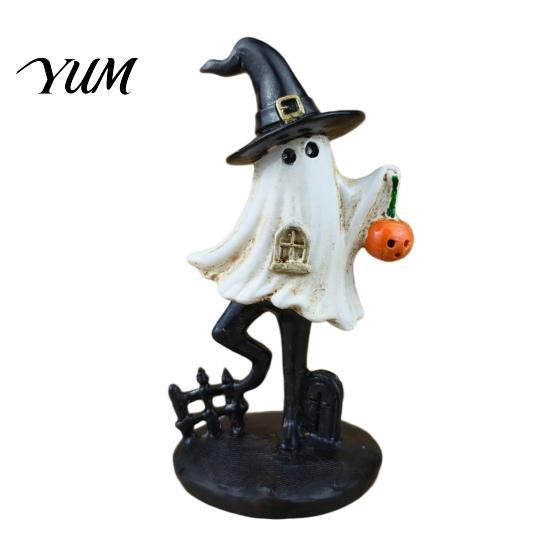 Unique Gothic Room Accents Halloween Ghost Resin Figurine, Vintage Cute Holding Artistic Party Decor Pumpkin Lantern Statue for Indoor Home