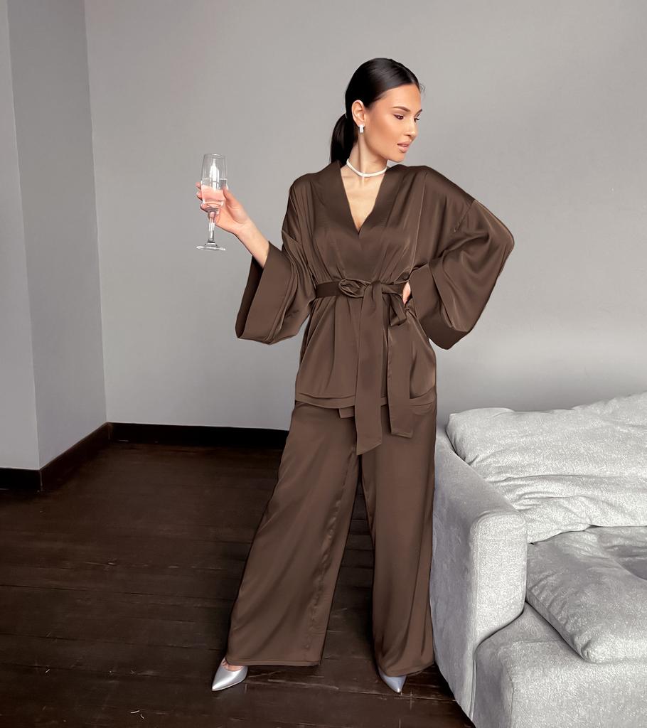 Осенний атласный длинный рукав кардиган галстук халат комплект женский домашний свободные длинные брюки пижамный костюм