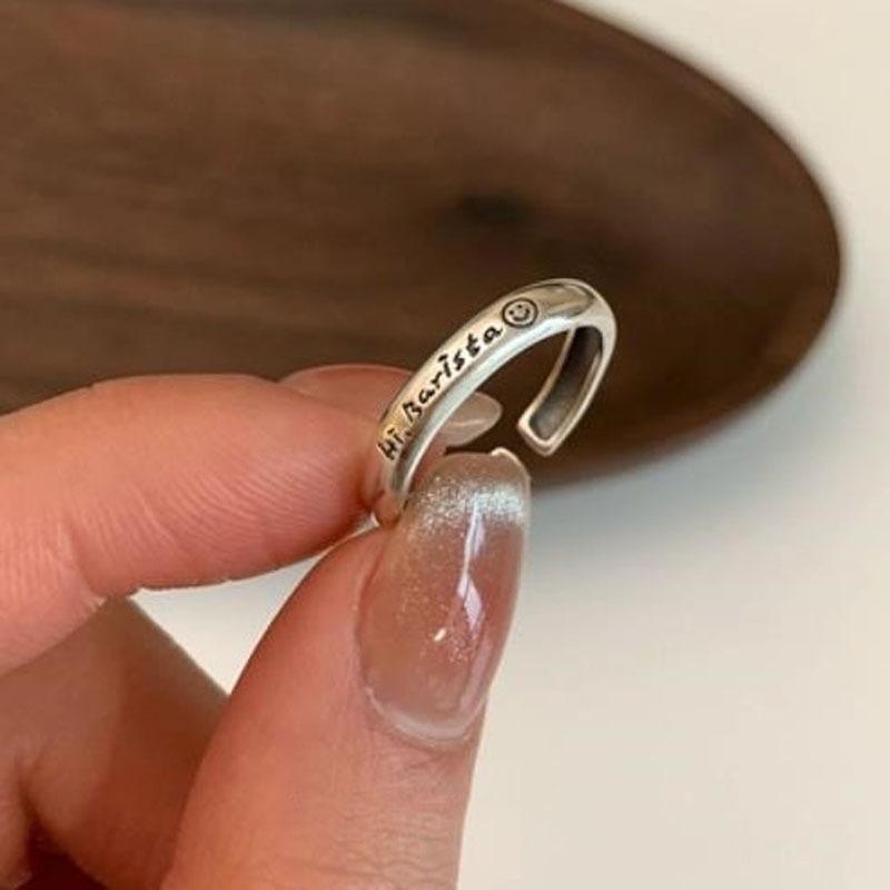 Niche Design Retro Old Square Smiley Face Ring Fashion Personality Ins Letter Plain Ring Open Index Finger Ring