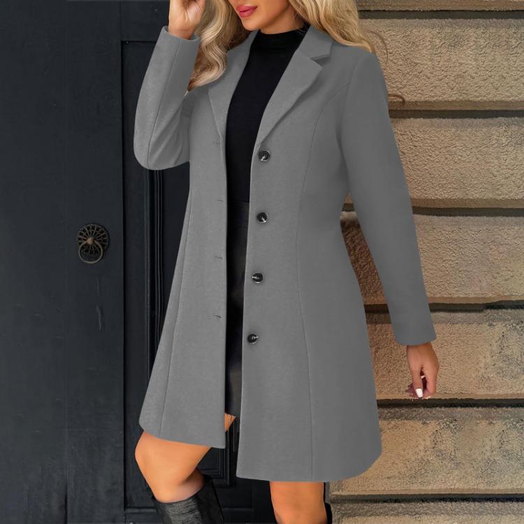 Woolen Long Coat Women Solid Color Lapel Button Long Sleeved Coat