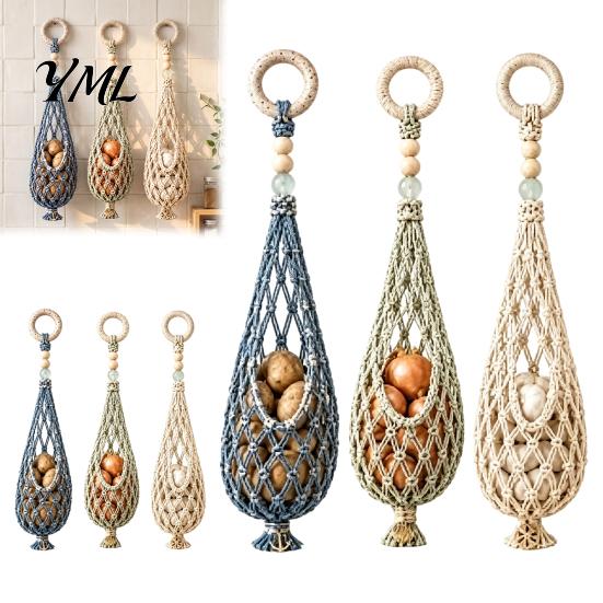 Rustic Kitchen Hanging Storage Handwoven Cotton Rope Mesh Bag, Wall-Mounted Bohemian Style Organizer, Onion And Potato Keeper Breathable Teardrop