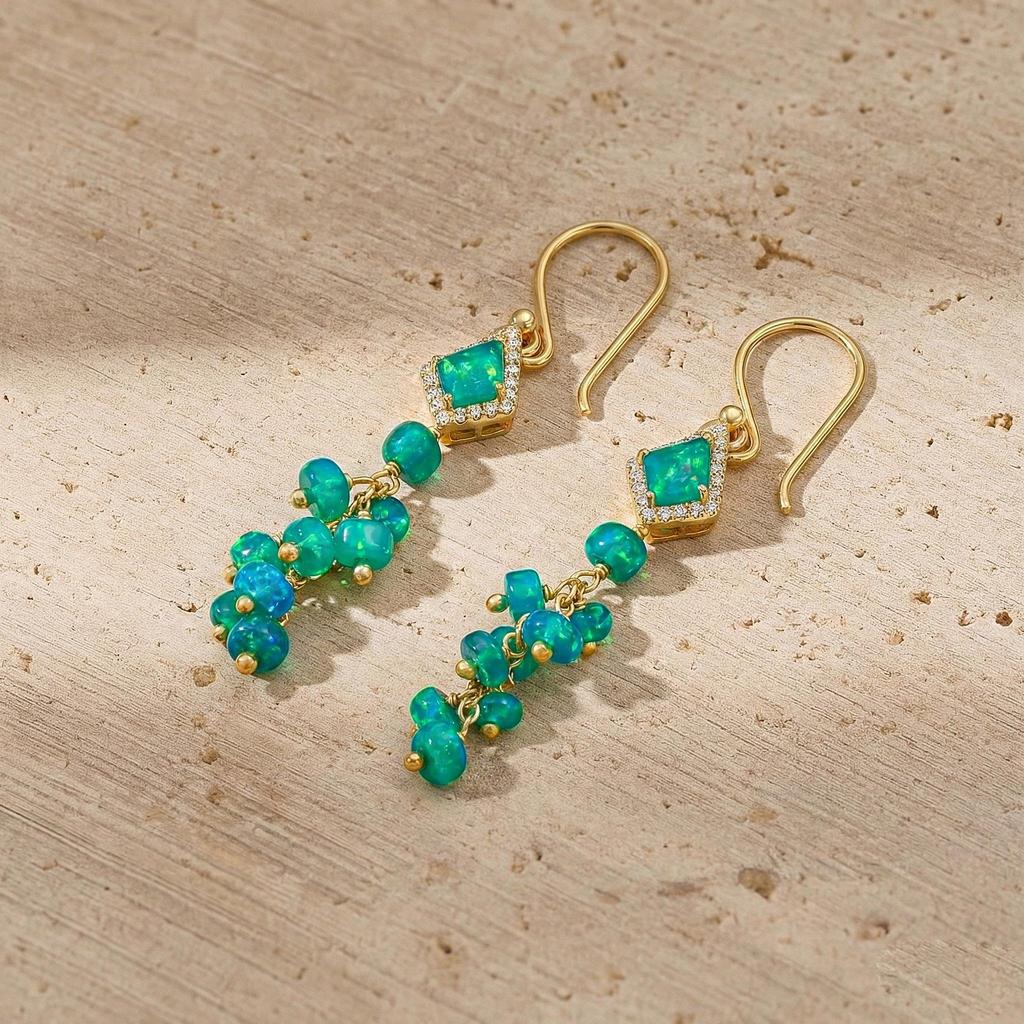 Fire Green Ethiopian Kite Opal Drop and Dangle Earrings, Genuine Fire Green Opal Beaded Earrings, October Birthstone Jewelry, Handmade Gift