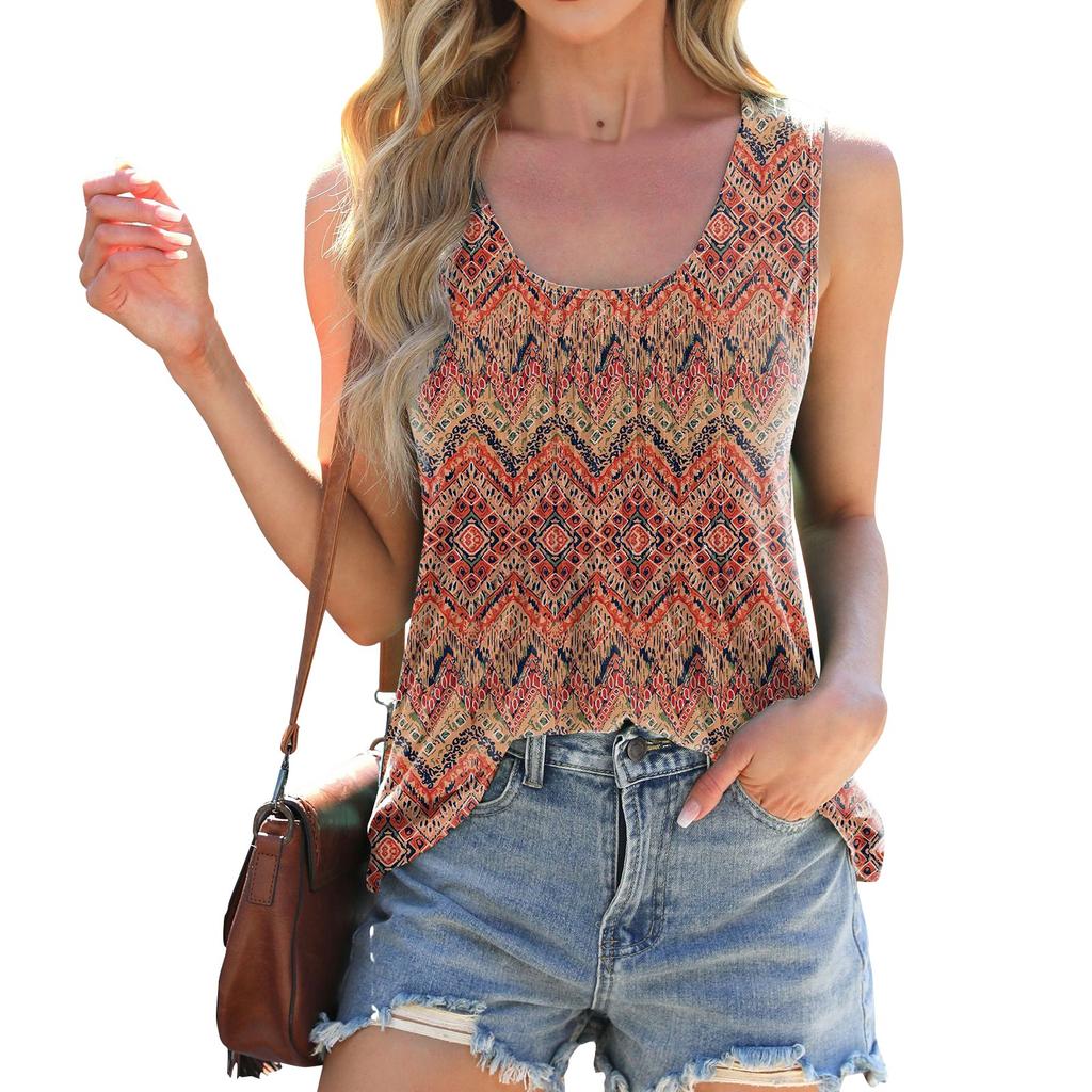 Fashion Round Neck Tie-dye Print Loose Sleeveless T-shirt Vest Woman