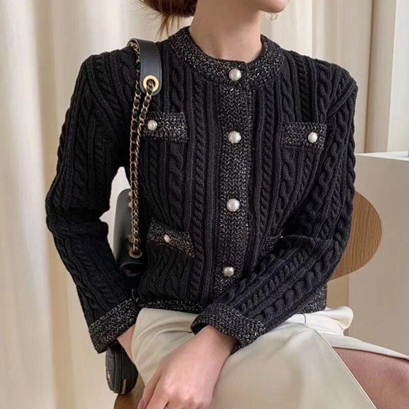 Элегантный вязаный кардиган, свитер, женский корейский модный кардиган с круглым вырезом и жемчужной пряжкой, женские свободные топы с длинными рукавами 28043