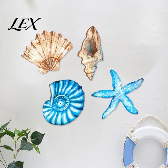 Rustic Wooden Wall Art 4Pcs/Set Shell Starfish Decor, Seashell And Conch Art, Nautical Hanging Ornaments Coastal Signs for Beach House Home