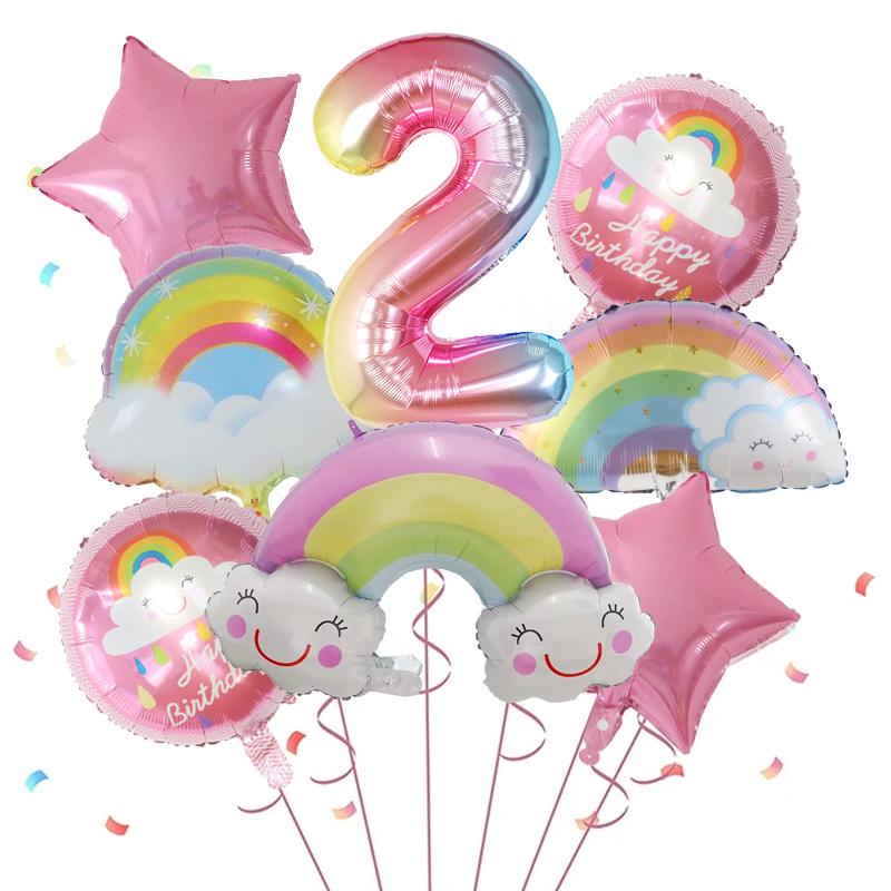 8pcs Rainbow Smile Cloud Balloon 30 inch Gradient Number Foil Balloons 1-9 Year Old Kids Birthday Party Decors Baby Anniversary