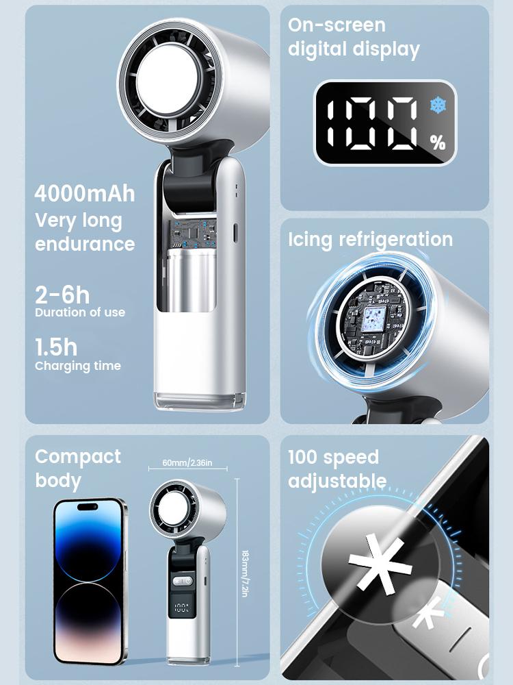 Portable Foldable Handheld Mini Turbo Fan with Ice Compress 4000mAh USB Rechargeable 100 Speeds Wind Outdoor Ice Cooling Fans