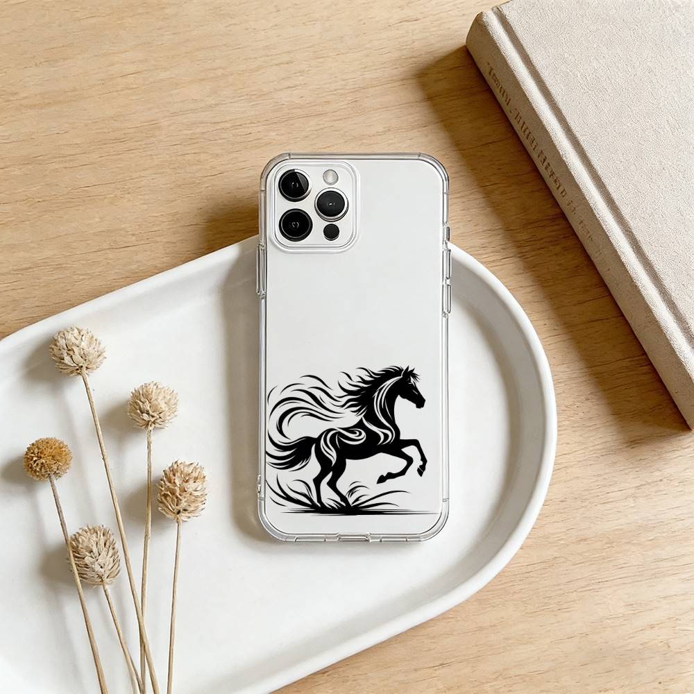 Чехол для телефона с рисунком бегущей черной лошади для iPhone 17 16 15 14 13 12 11 Mini Pro Max Plus Прозрачный чехол