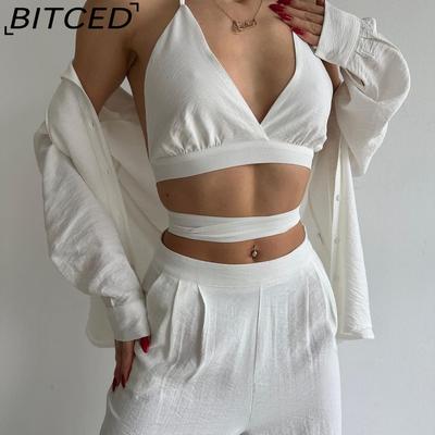 Топ на шнуровке с лямкой на шее, тонкие прямые брюки с высокой талией, сексуальный однотонный костюм-пальто