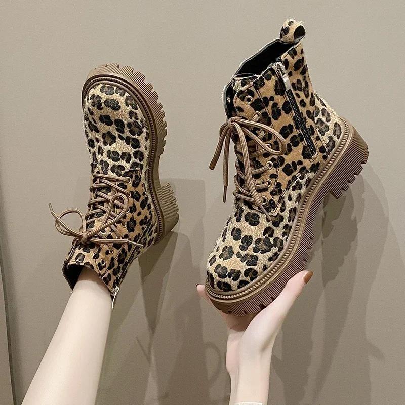 Shoes for Wome New Lace Up Zipper Women Boots Round Toe Mixed Colors Leopard Print Platform Water Proof Fashion Boots