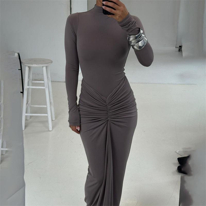 Pleated Dress For Women's Autumn Winter Fashion Long Sleeve Slim High Waist Dresses Femme Solid Patchwork Party Clothes Elegant Evening Dress Women