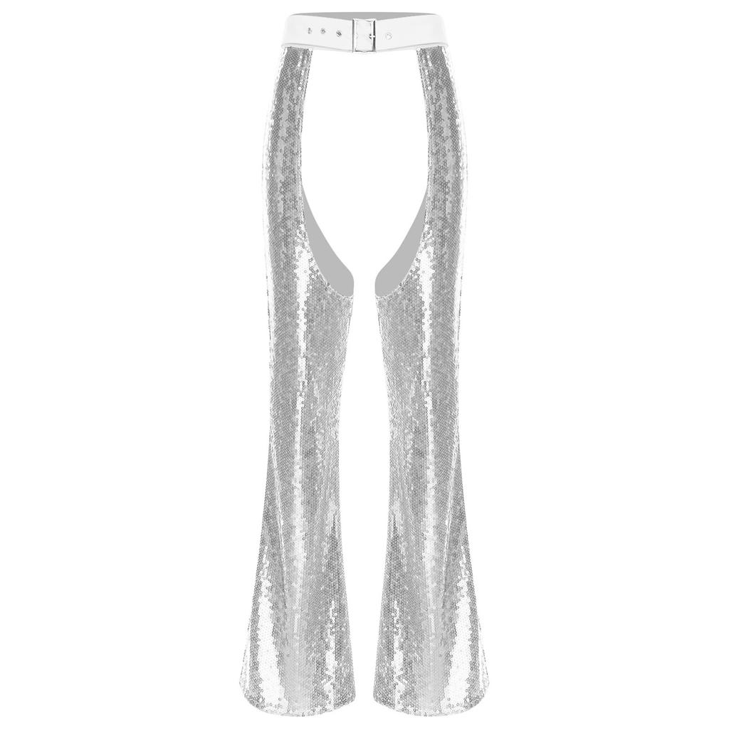 Womens Halloween Glitter Sequin Cowgirl Chaps Adjustable Waist Crotch Hollow Out Fully Lined Flared Pants