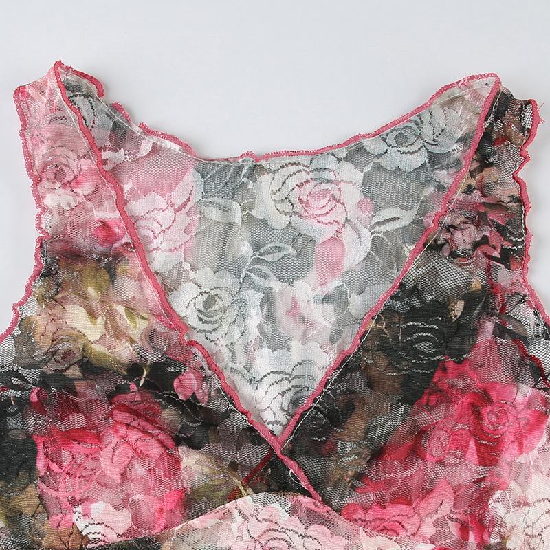 Women's Retro Floral Printing Color Clash Sexy V-Neck Lace Splicing Slim Neck Tank Top