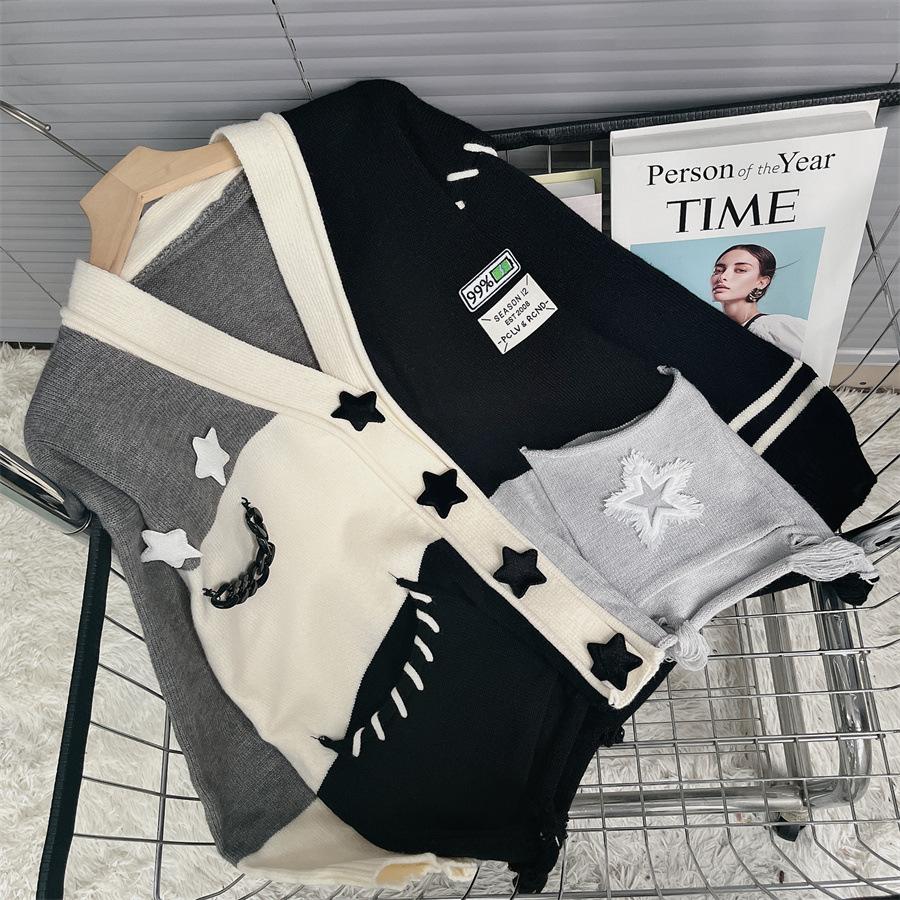 Autumn and Winter Women's Sweater Stars Heavy Splicing Color Collision Soft Knitted Cardigan Lazy Wind Sweater