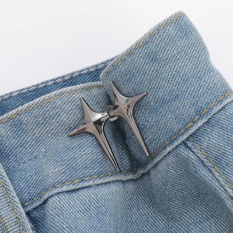 1Pair Cross Star Waist Buckle Adjustable Detachable Pants Clips Waist Tightener Nail-free Metal Button Snaps for Jeans Decor
