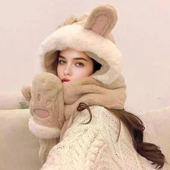 Women Hat Rabbit Ear Decor Thickened Warm 3 In 1 Hat Scarf Gloves Hiking Outings Shopping Winter Headwear
