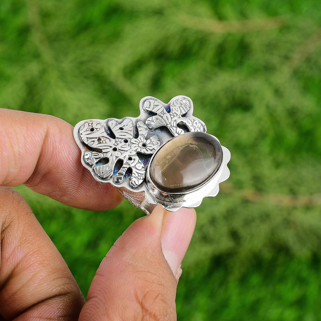 Natural Smoky Quartz Gemstone 925 Silver Promise Adjustable Ring For Girls