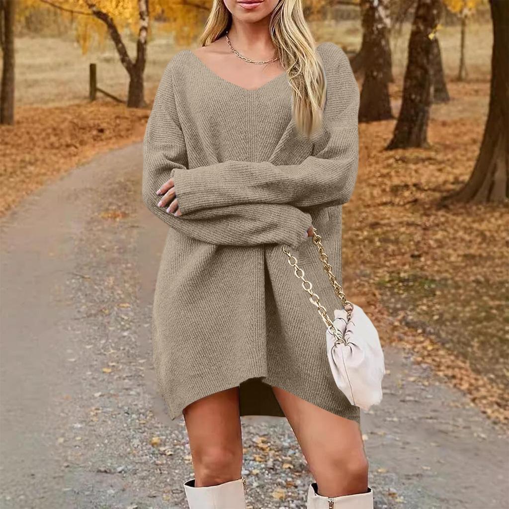 Women's Fashion Casual V-neck Long Sleeve Rib Knitted Sweater Dress