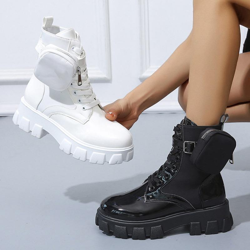 Модная женская обувь, осенние ботильоны с карманами, дизайн, женская толстая подошва, круглый носок, шнуровка, британская мода, зима, женская, большие размеры 2024