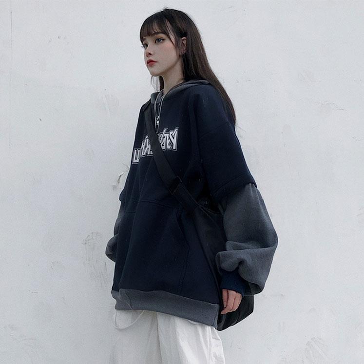 M ~ 4XL Y2K Топ женские толстовки с принтом готические темные толстовки свободный искусственный свитер из двух частей женский осенне-зимний плюс бархатная толстая куртка с капюшоном