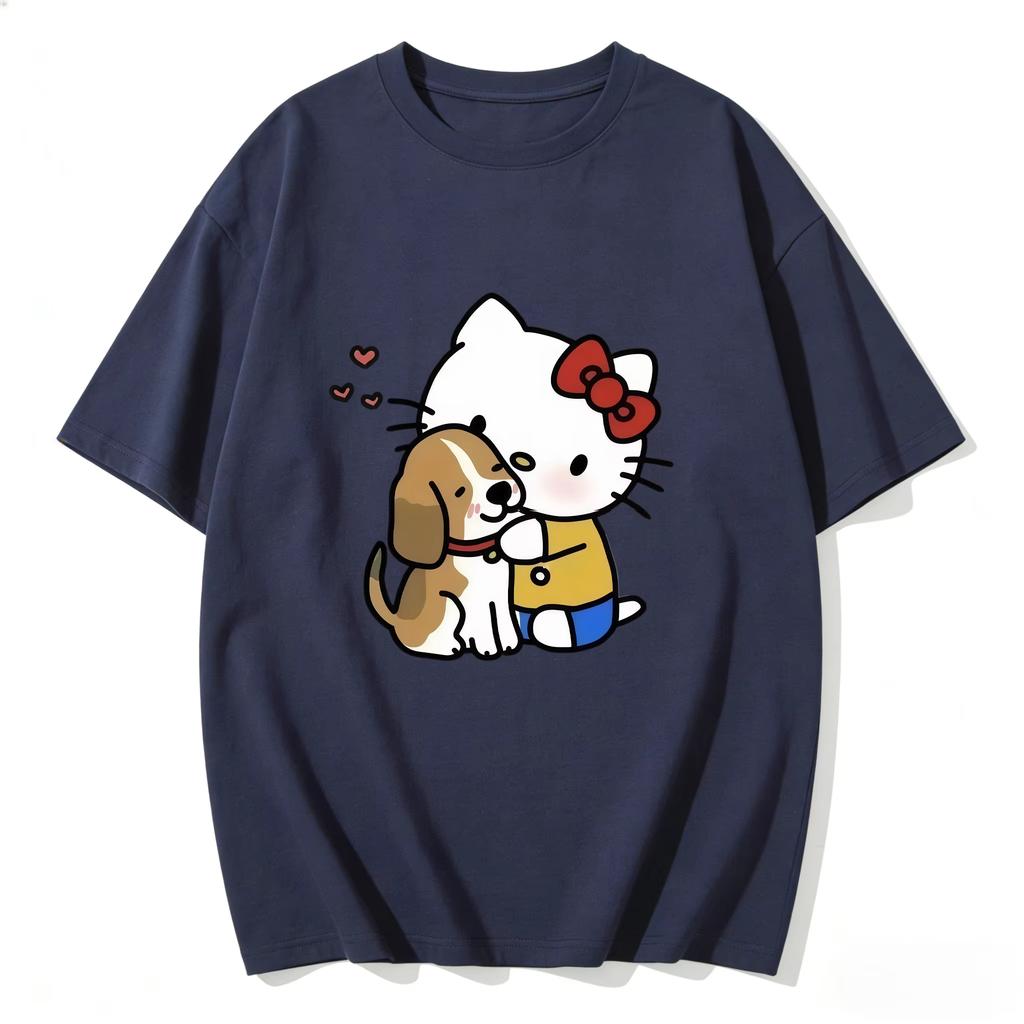 2026 новый летний милый графический топ HelloKitty повседневный хлопковый топ с коротким рукавом для женщин и девочек Каваи мультяшный принт Streetwear