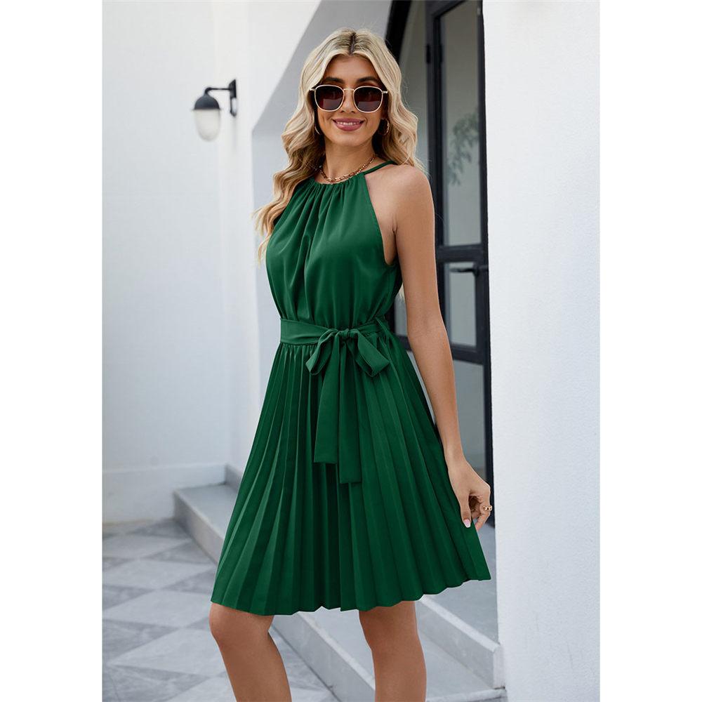 Летние платья для женщин, повседневные, с бретелькой на шее, без рукавов, со складками, на пуговицах сзади и с поясом