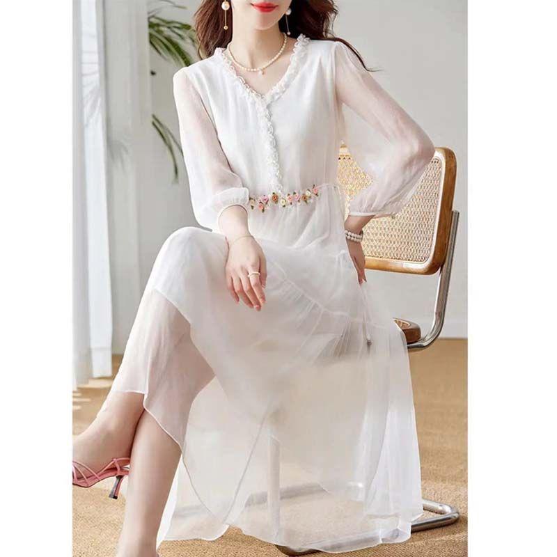 Loose White Maxi Dress for The Beach - Chiffon Sundress with Midriff Coverage