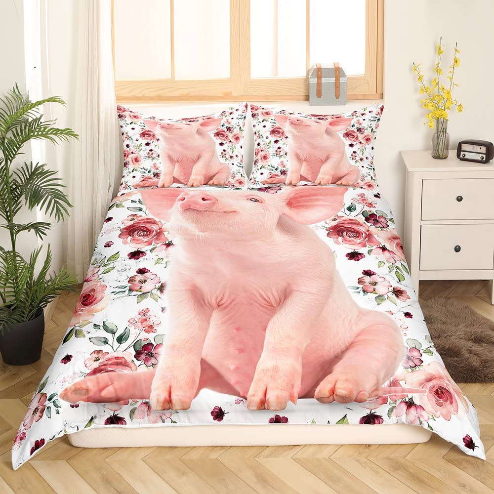 Cartoon Kawaii Pig King Queen Duvet Cover Happy Farm Animal Bedding Set Pink Piggy Quilt Cover 2/3pcs Polyester Comforter Cover