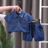 Летний однотонный рабочий костюм для мальчиков, детский, с короткими рукавами, на пуговицах, с лацканами + повседневные брюки, красивый комплект из двух предметов