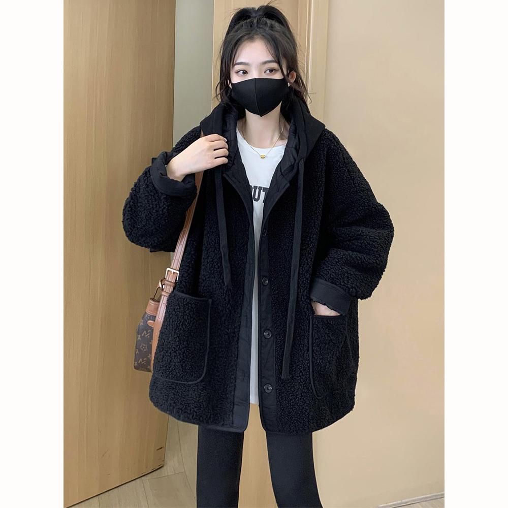 Куртки для женщин, осенне-зимняя плюшевая куртка с имитацией овечьей шерсти, корейская мода, свободное повседневное однотонное женское пальто с капюшоном