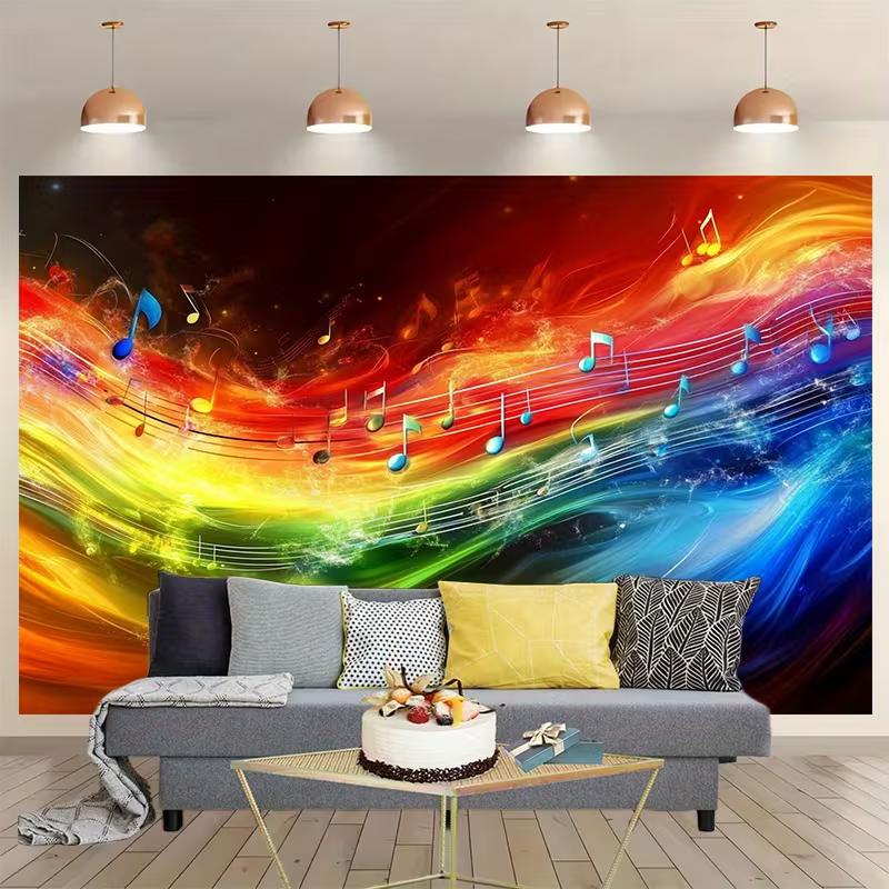 Rainbow Fire Music Notes Backdrop Vibrant Abstract Wave Studio Background