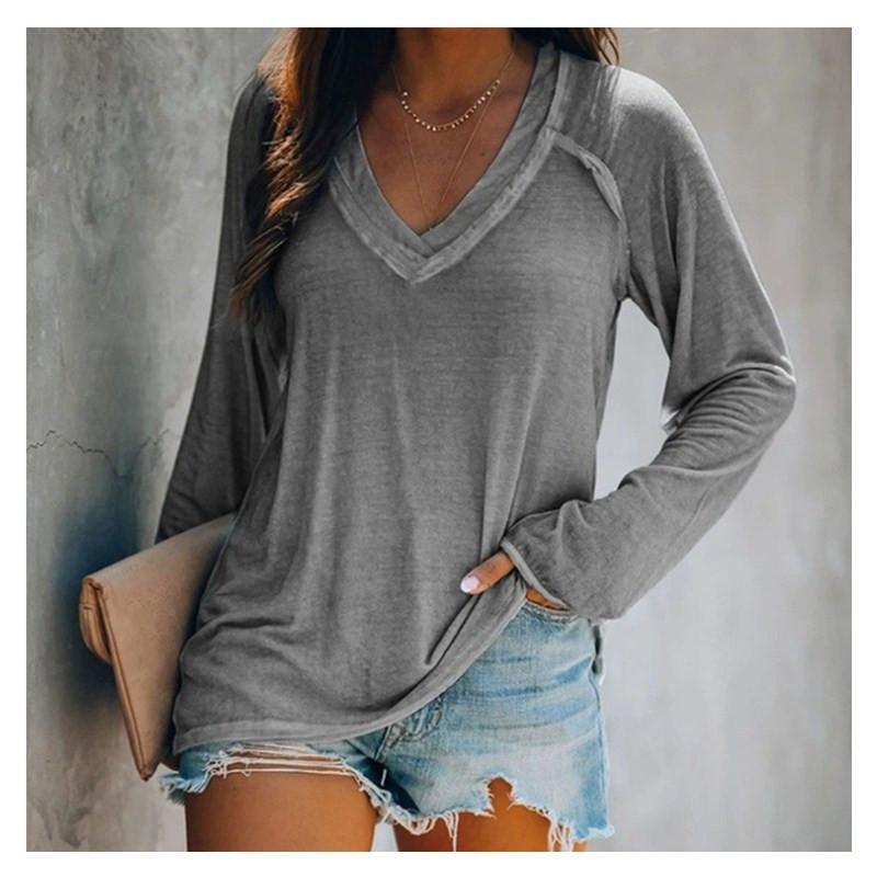 Women's Plain V Neck Tops T-Shirt Plus Size Long Sleeve Winter Loose Casual Tee Blouse Shirts