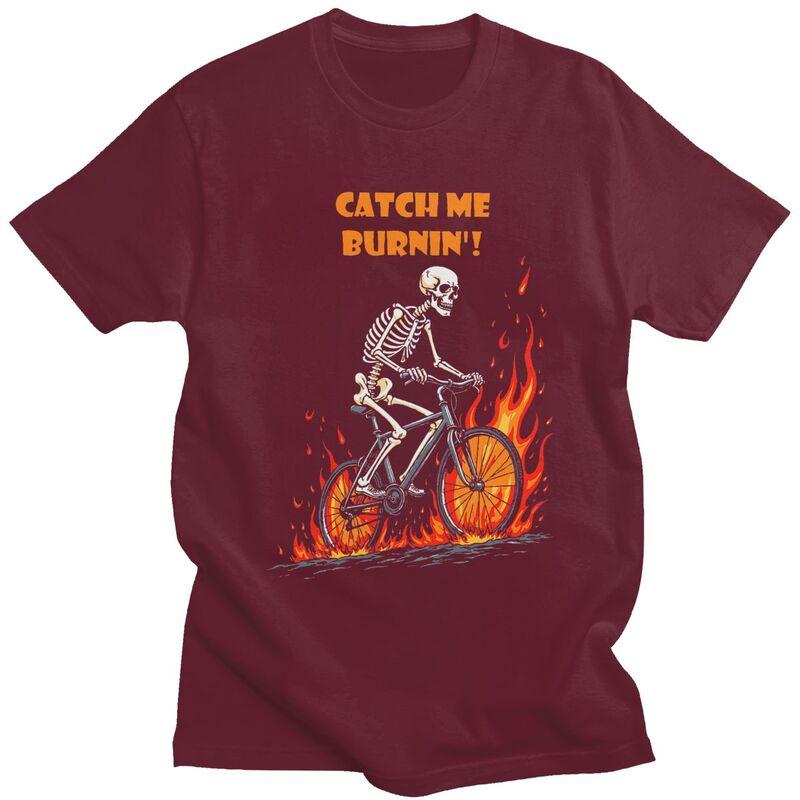 Мужские футболки с принтом 'Catch Me Burnin Bicycle Cyclist Skeleton', 100% хлопок, с коротким рукавом, модные, одежда