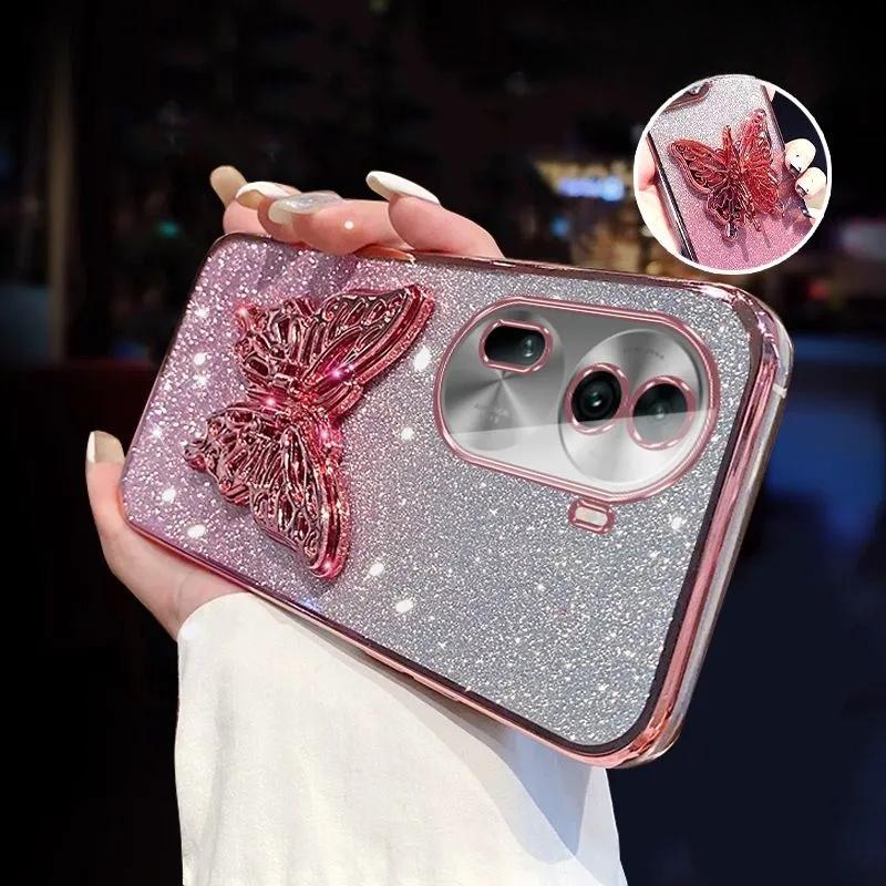 3D Butterfly Phone Holder Crystal Bracelet Glitter Plating Case for OPPO Reno 11 10 8 7 Pro 4G 5G Cover