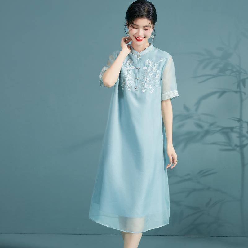 New Chinese Style Silk Dress with Embroidered Organza and Mulberry Silk for Summer