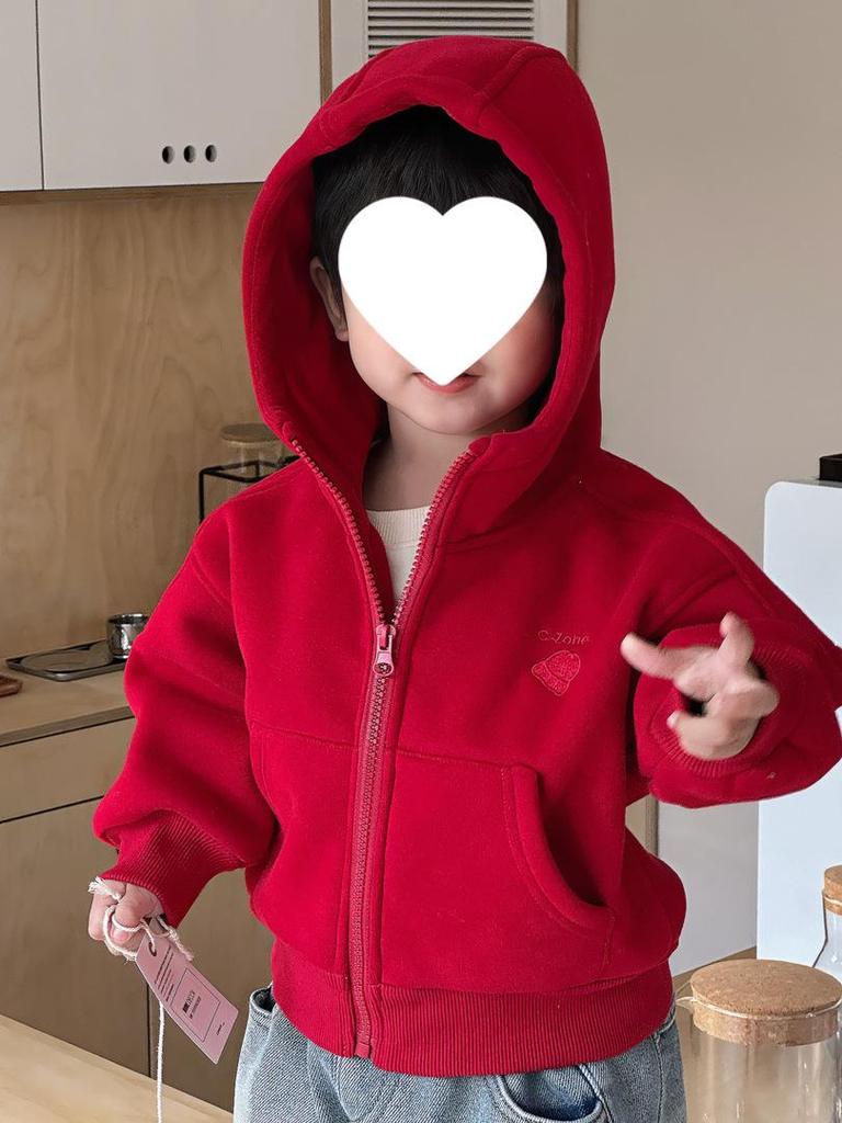 2025 Осень/Зима Корейский стиль Флисовая толстовка с капюшоном красного цвета для мальчиков – Толстый и модный теплый топ