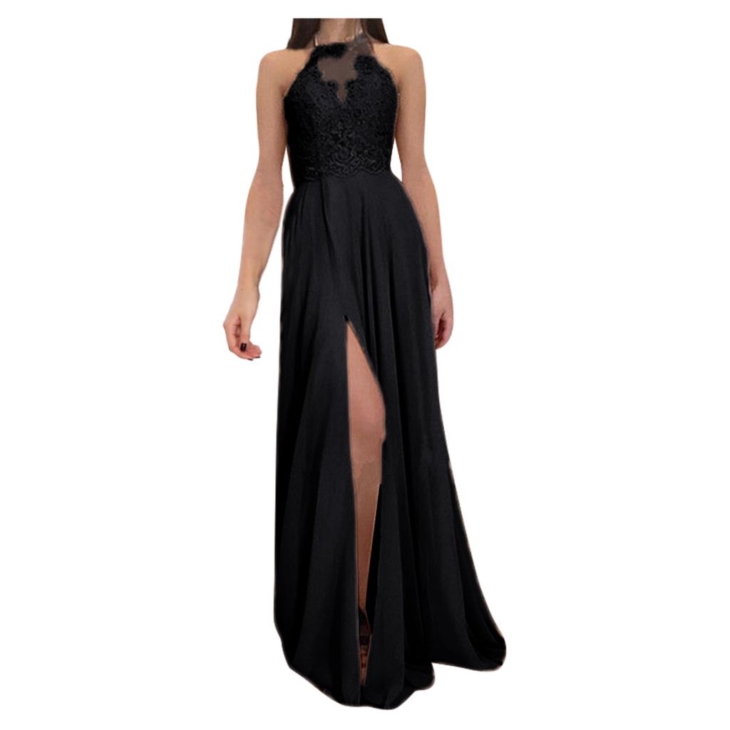 Women Neck Lace Chiffon Ball Evening Dress With Split