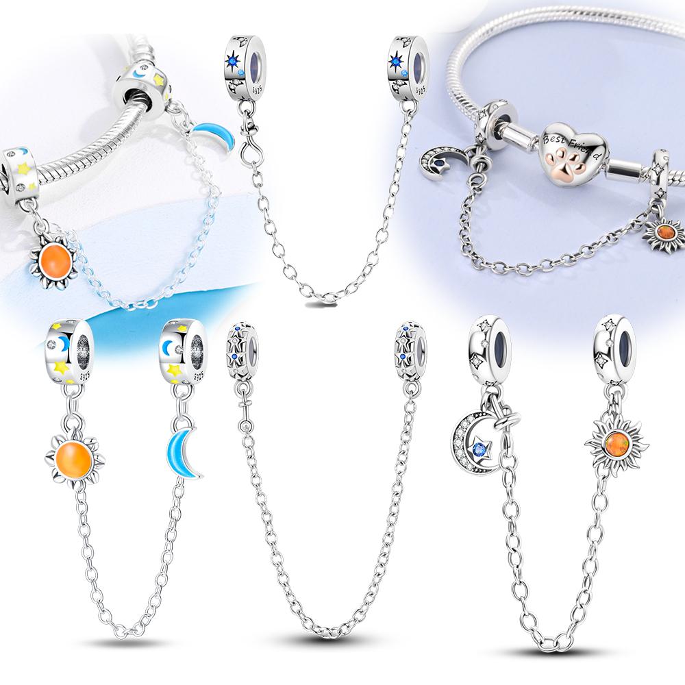 Plated 925 Silver Sun Moon Star Openwork Safety Chain Charms Fit 925 Charms Bracelet Beads Jewelry Gifts for Women