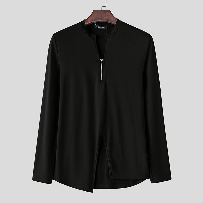 INCERUN Мужские футболки с длинным рукавом и застежкой-молнией, асимметричные, с разрезами, топы