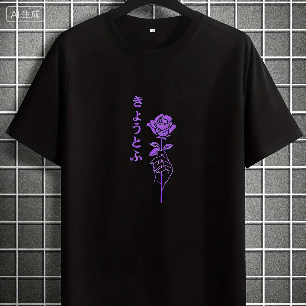 Summer Unisexs Adult American Style Rose Flower Print Cotton Breathable Shortsleeved Simple Tshirt Loose And Comfortable