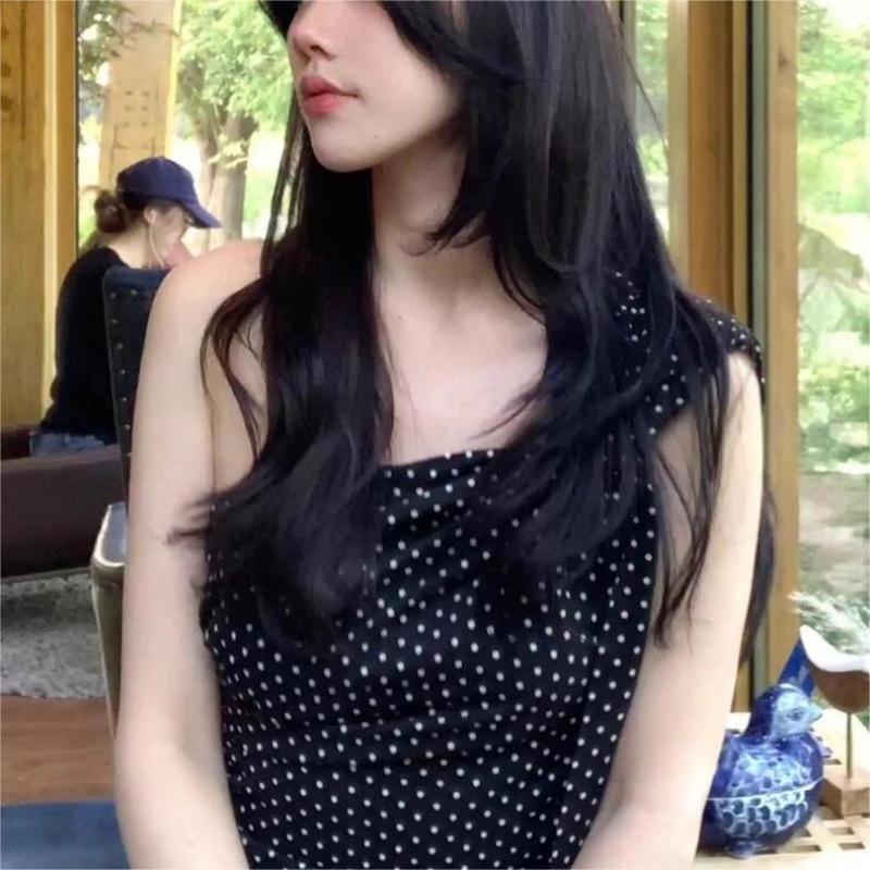 Летний шифоновый топ-камезоль с открытыми плечами в горошек 2024 - Приталенный сексуальный стиль женский топ