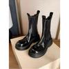 Cowhide Version~ New Platform-soled Chelsea Short Boots Women's Round Head Elastic Band Thick Heel Medium Tube Martin Boots