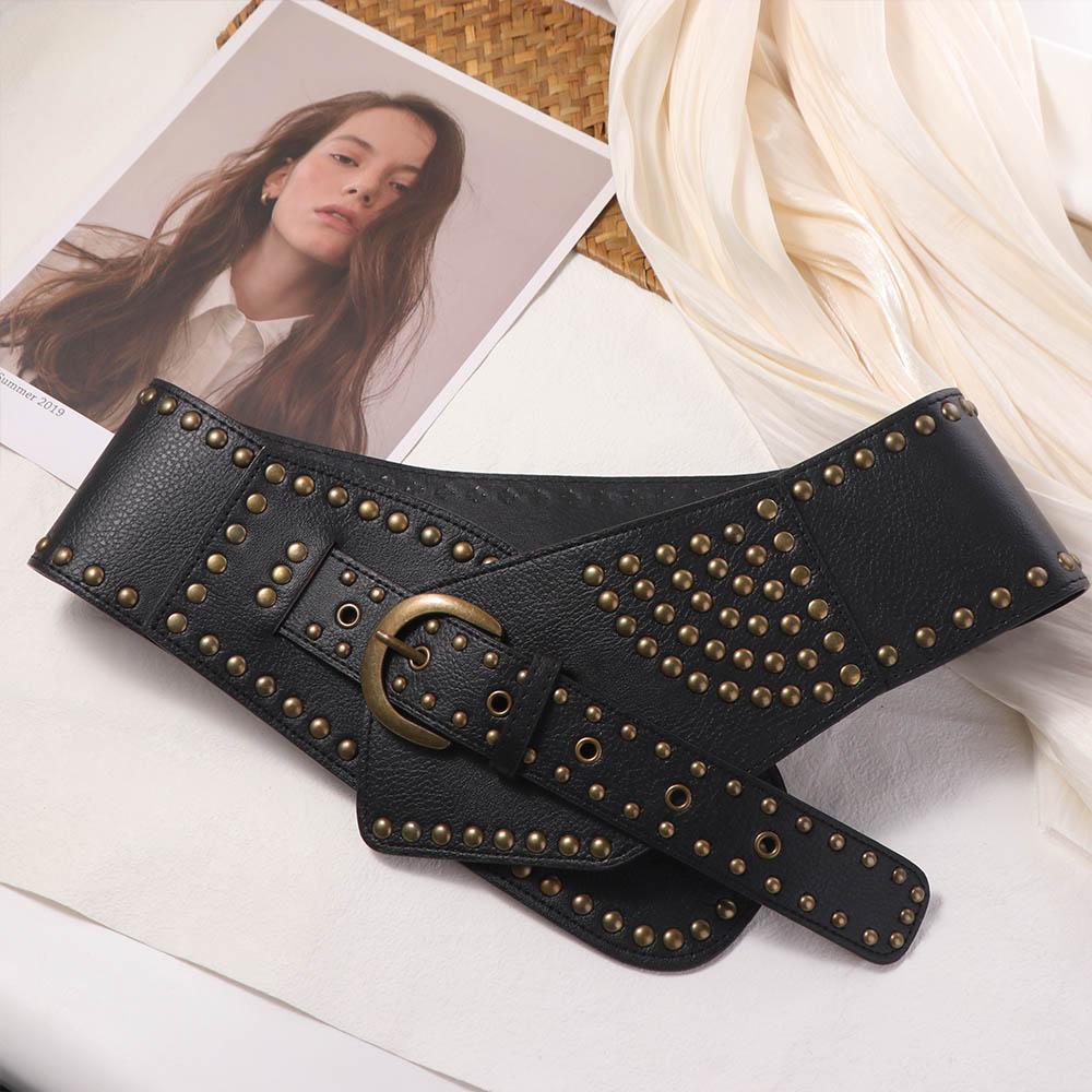 Fashion Adjustable Metal Rivet Belt Punk Slimming Wide Cummerbunds PU Leather Waistband Waist Corset Dress