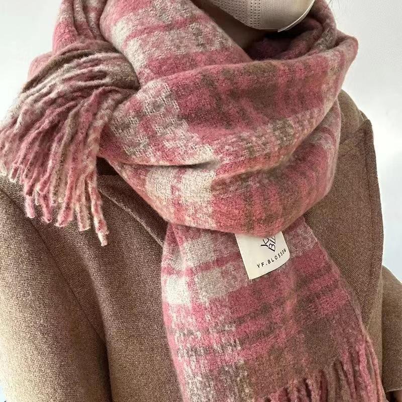 Winter Dry Rose Pink Plaid Scarf Women's Atmosphere Thickened Warm Shawl White Soft Fringed Scarf