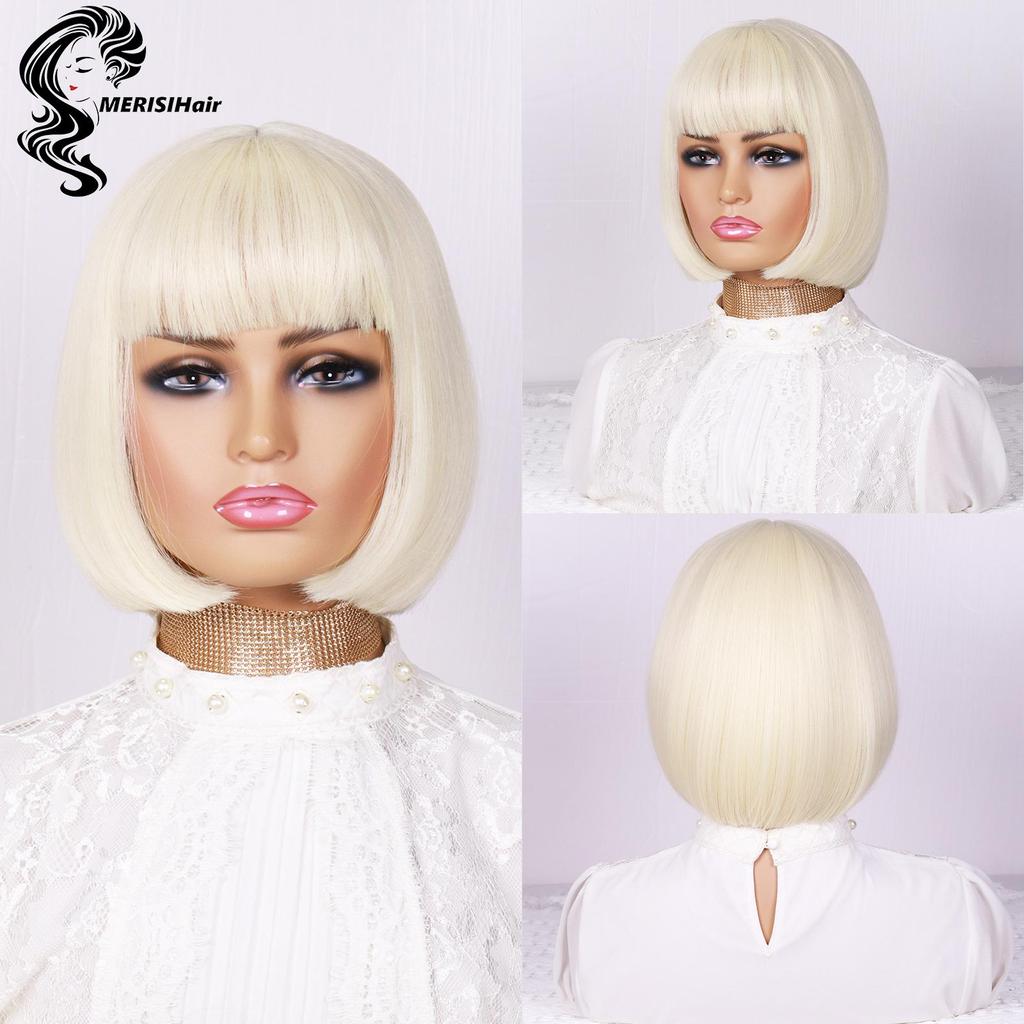 MERISIHAIR Short Blonde Bob Wig with Bangs Natural Straight Bob Wig for Women Colored Wig 12 Inches Short Bob Wavy Hair