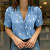Женская повседневная летняя блузка с коротким рукавом и принтом на шнуровке и V-образным вырезом