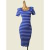 American Brand Stripes Square Collar Bodycon Dress Foreign Trade Original Order Short Sleeve Silm Sheath Fall and Winter Base Dress