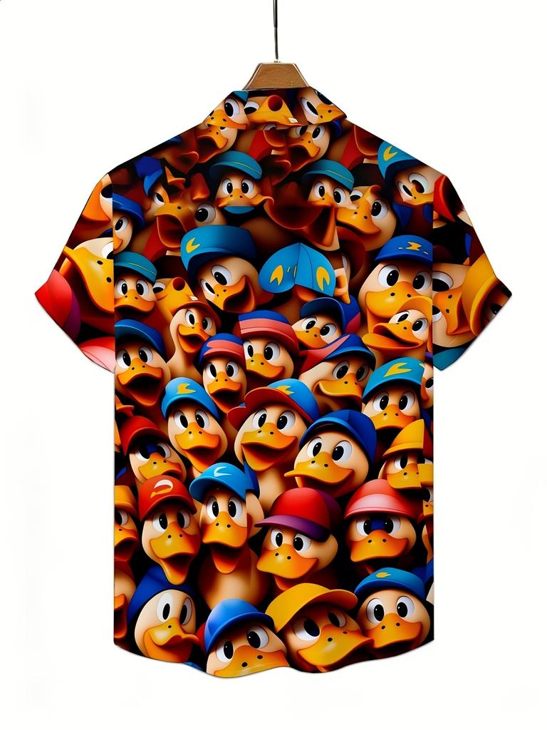 Fun Cute Duck Print Casual Shirt Loose Fit Cartoon Top Suitable for Beach Strolls Comic Conventions Weekend Outings