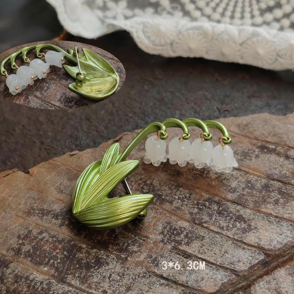 Vintage Lily of the Valley Pendant Brooch with Handmade Enamel Leaves Corsage Pin.